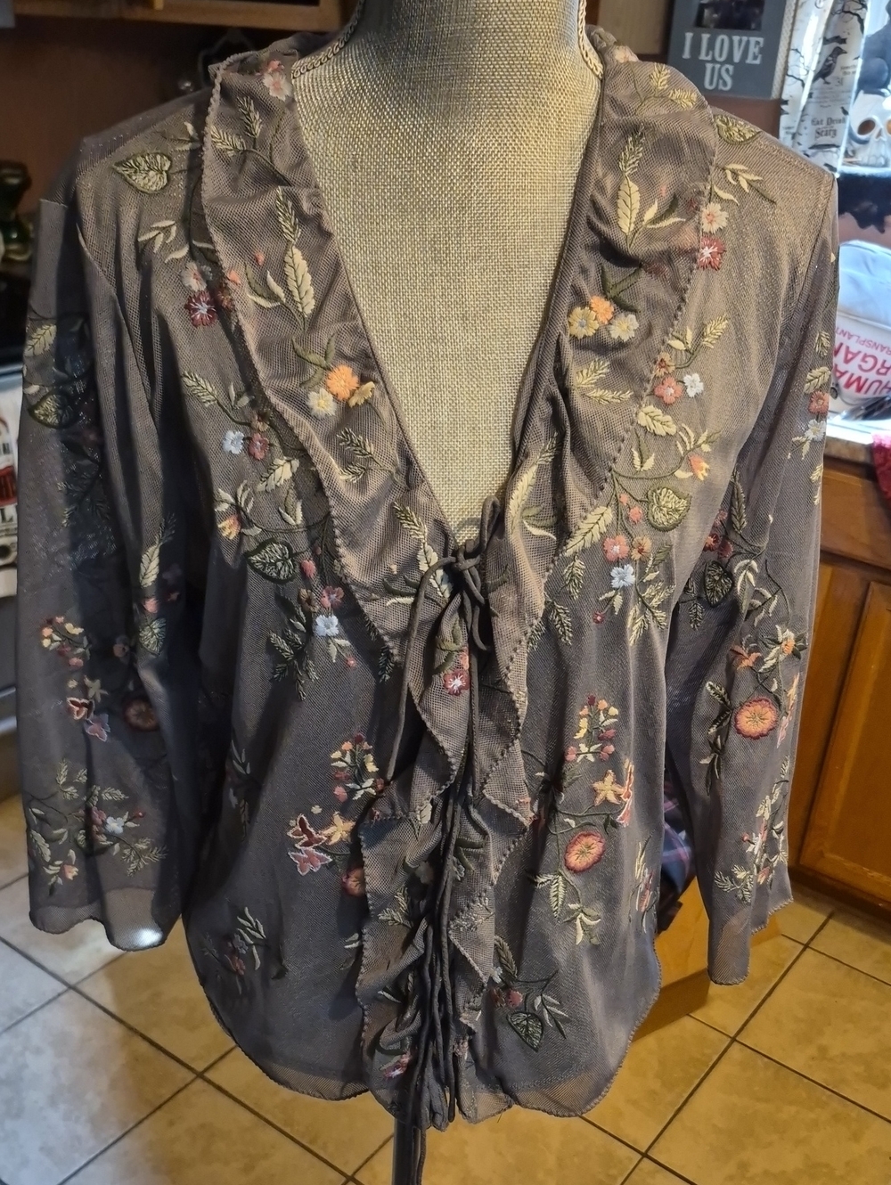 J. Jill Gray Floral Embroidered Ruffle Tie Blouse